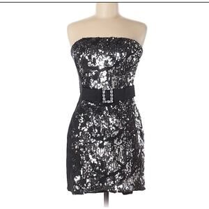 Cache Sequin Strapless Mini Dress US 4 Black Silver Bodycon Cocktail Party Y2K